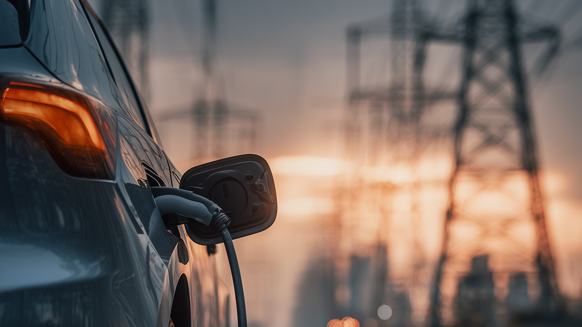 How EVs and the Grid Work Together: Electric car charging with power lines in background.