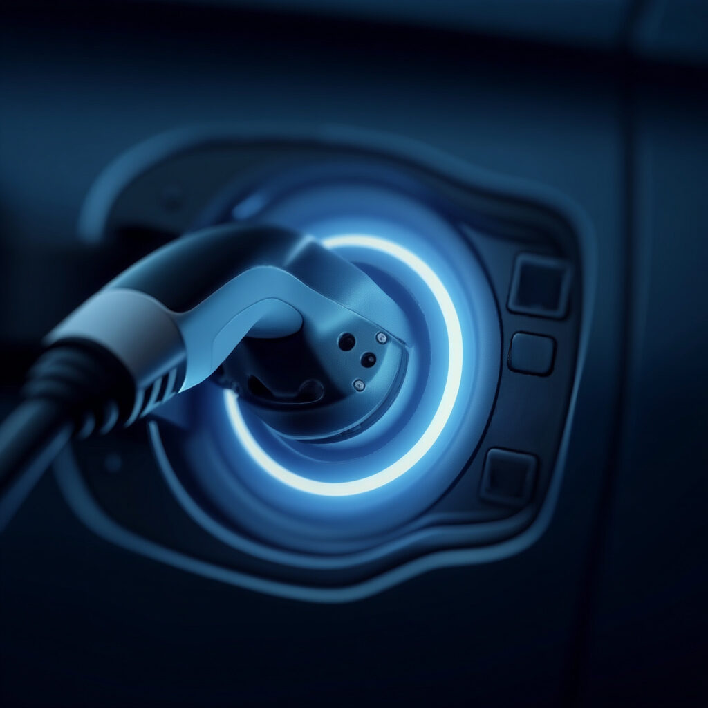 EVs are no longer Science Fiction: Close-up of electric vehicle plugged in with glowing ring.