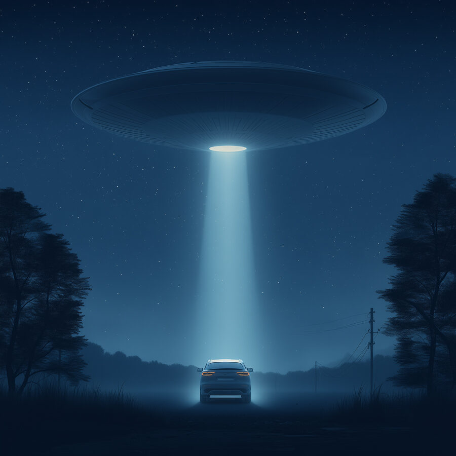 EVs are no longer Science Fiction: Electric vehicle in beam of light from UFO.
